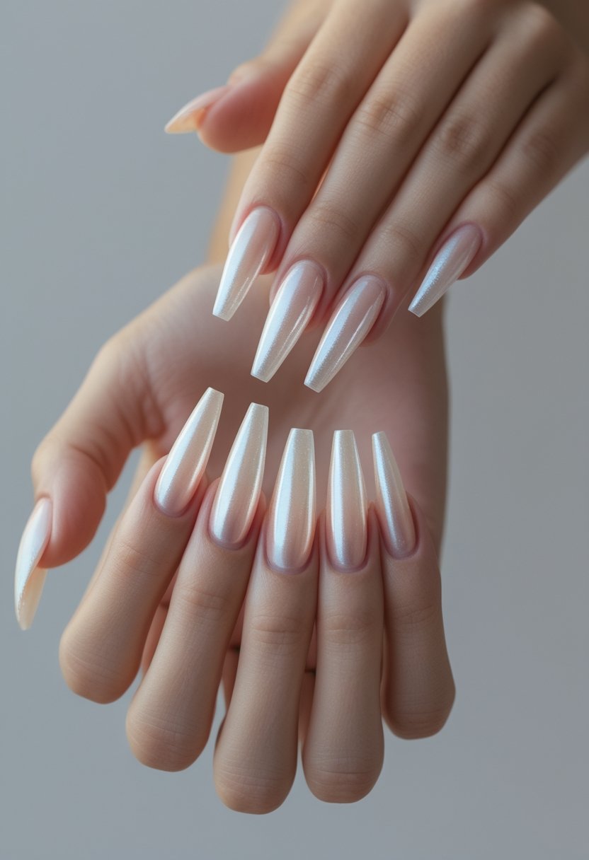 A pair of hands displaying long pearlescent stiletto nail extensions.