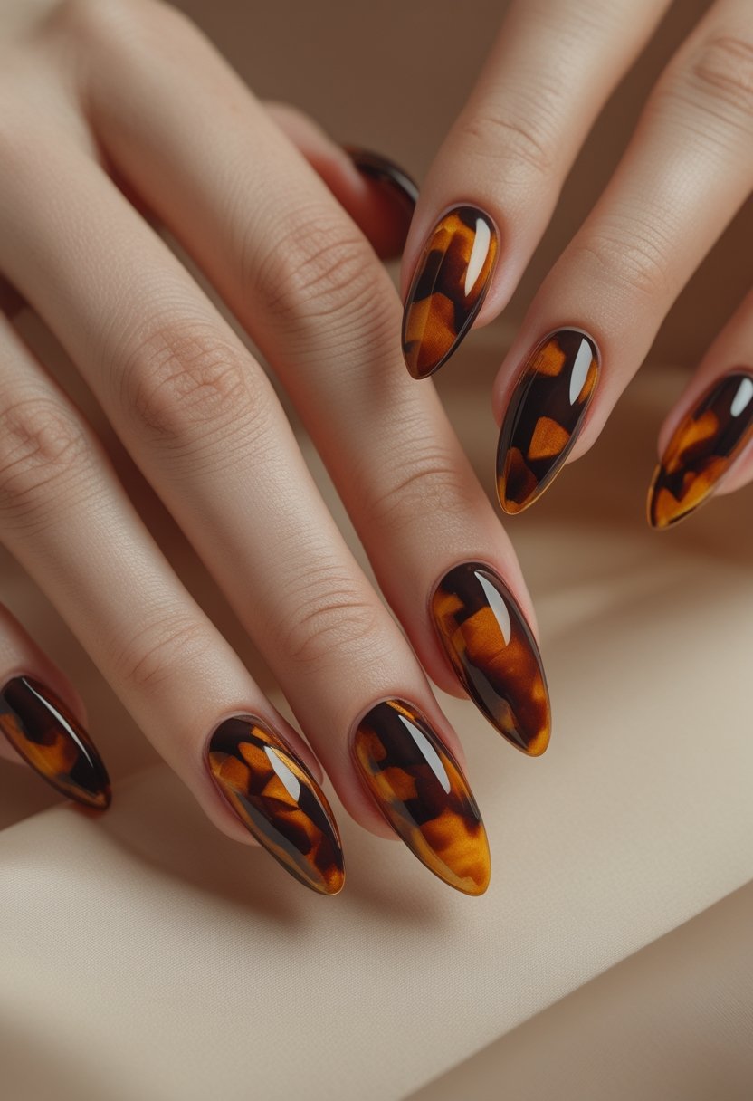 A close-up of a hand with glossy tortoiseshell almond-shaped nail extensions resting on a neutral surface.