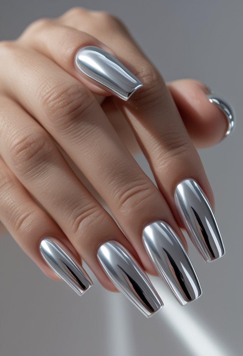 A hand displaying long sculpted metallic silver nail extensions against a neutral background.