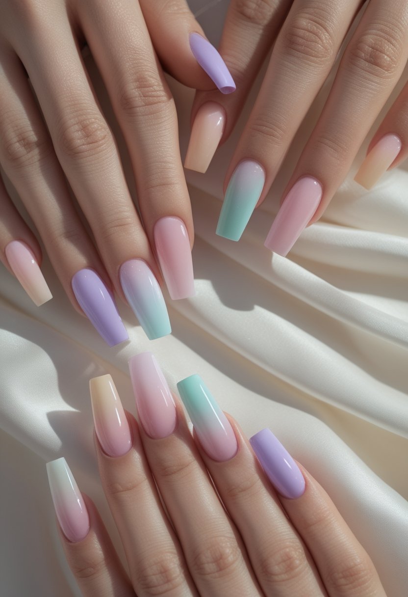 Close-up of hands showing long square pastel gradient nail extensions.