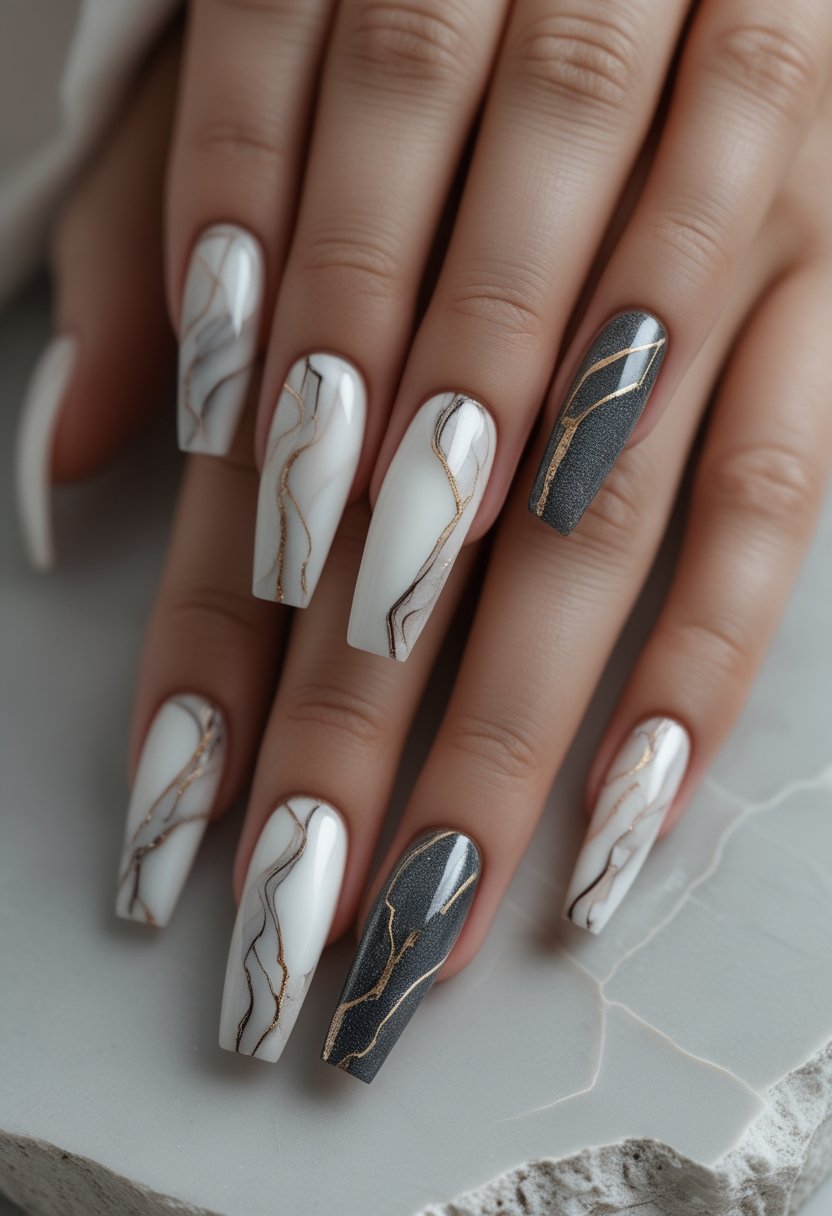 A hand with long coffin-shaped nails featuring white, gray, taupe, and gold marble swirls.