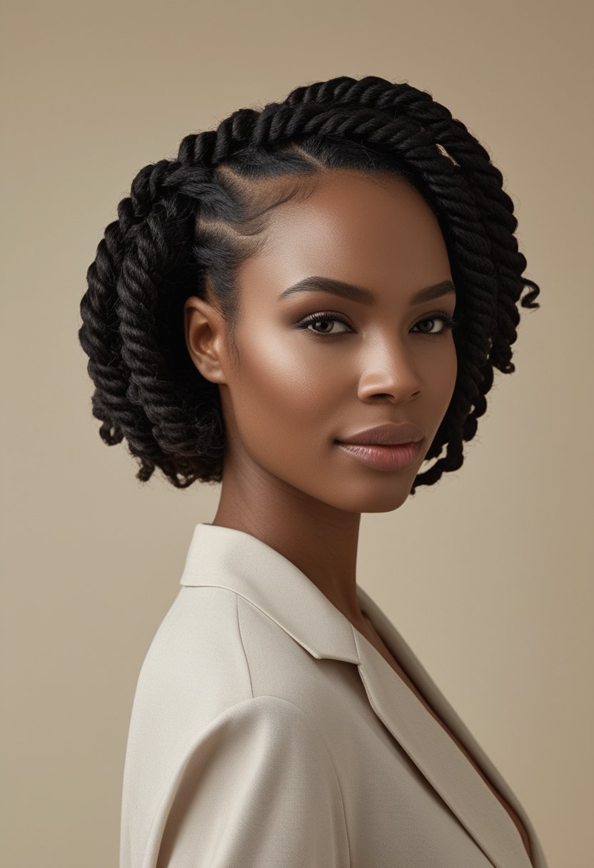 Natural Hair Flat Twist Ideas For Stunning, Effortless Styles A woman wearing natural hair styled in flat twists arranged in a halo around her crown.