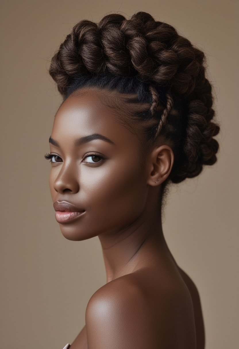 Natural Hair Flat Twist Ideas For Stunning, Effortless Styles A woman wearing flat twists gathered into a high puff.