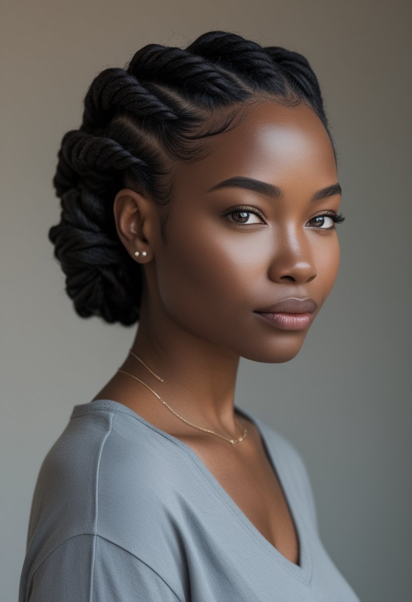 Natural Hair Flat Twist Ideas For Stunning, Effortless Styles A woman wearing natural hair styled in side-swept flat twists.