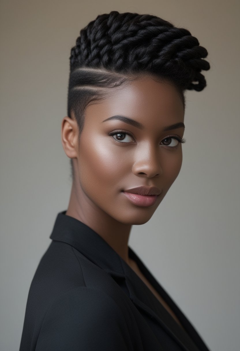 Natural Hair Flat Twist Ideas For Stunning, Effortless Styles A woman wearing a natural flat-twist faux hawk hairstyle.