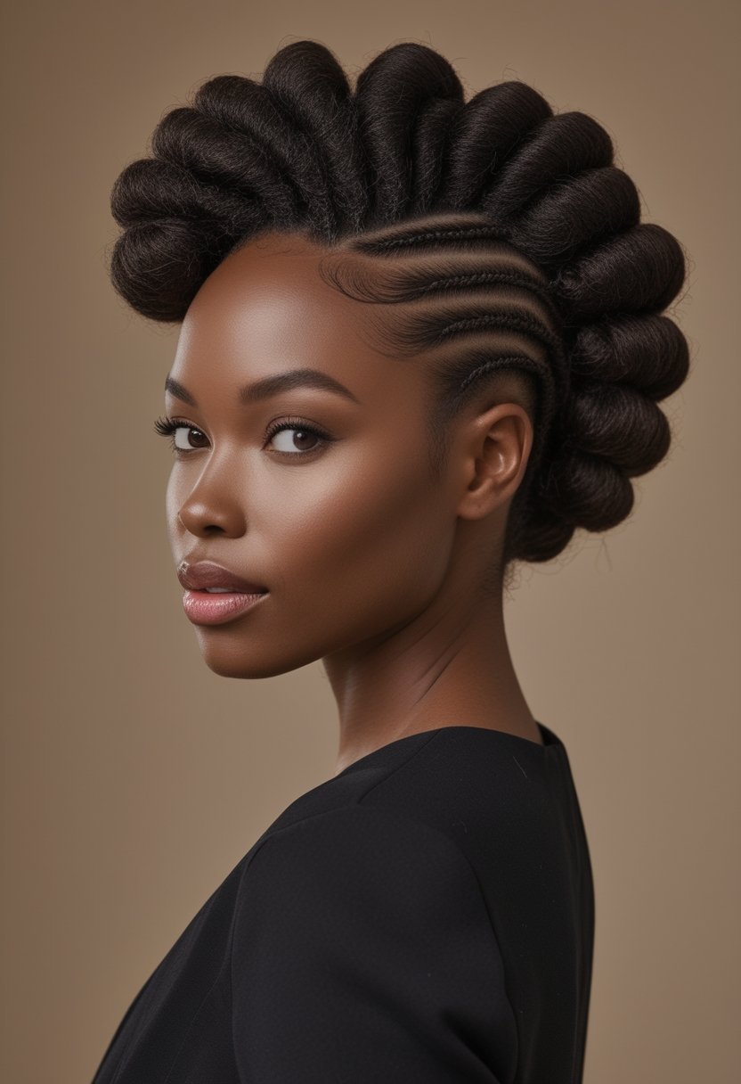 Natural Hair Flat Twist Ideas For Stunning, Effortless Styles A woman with natural hair styled in a flat-twist mohawk updo.