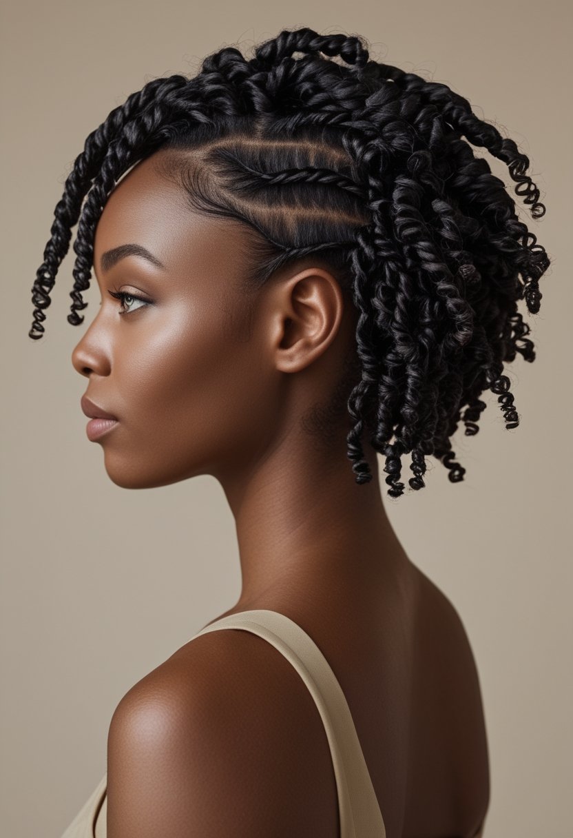 Natural Hair Flat Twist Ideas For Stunning, Effortless Styles A woman with flat twists ending in loose curls.