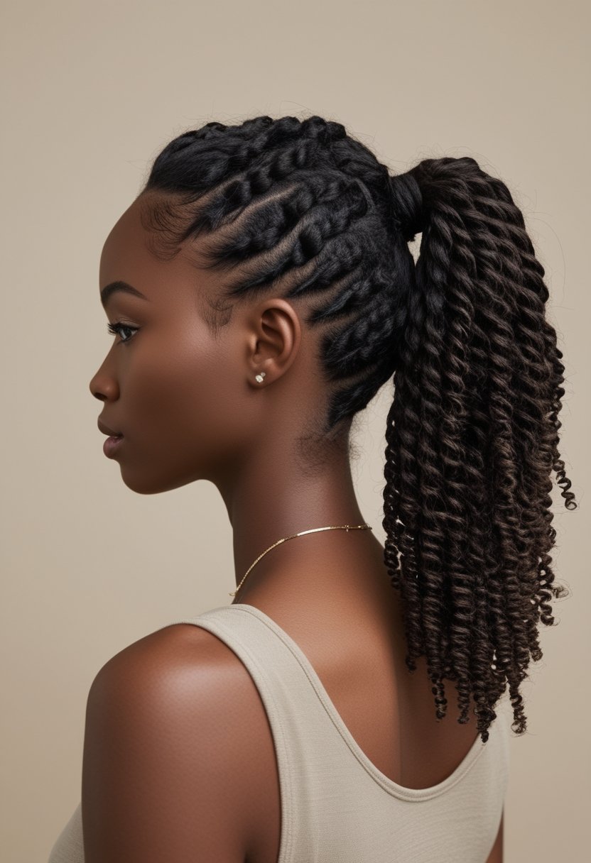 Natural Hair Flat Twist Ideas For Stunning, Effortless Styles A woman with natural textured hair styled in a flat-twist ponytail.