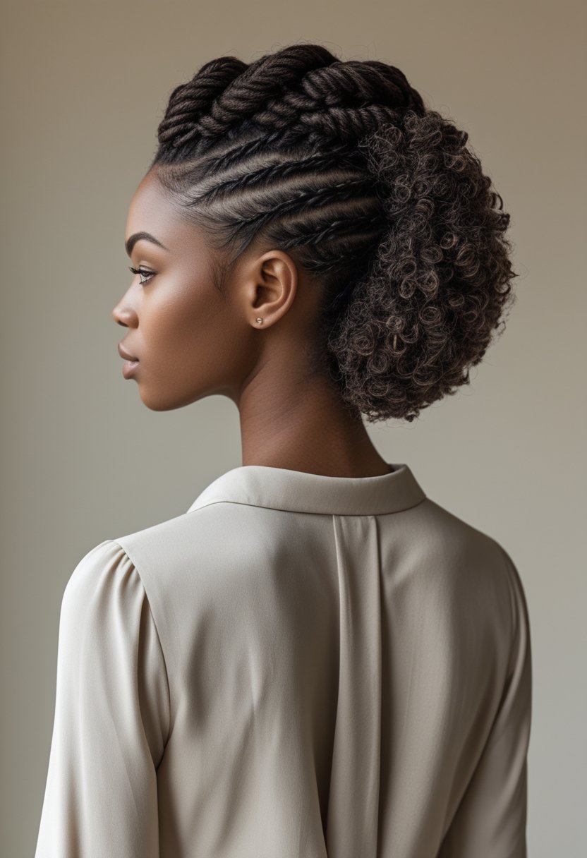 Natural Hair Flat Twist Ideas For Stunning, Effortless Styles A woman with natural textured hair styled in a flat-twist braided updo.