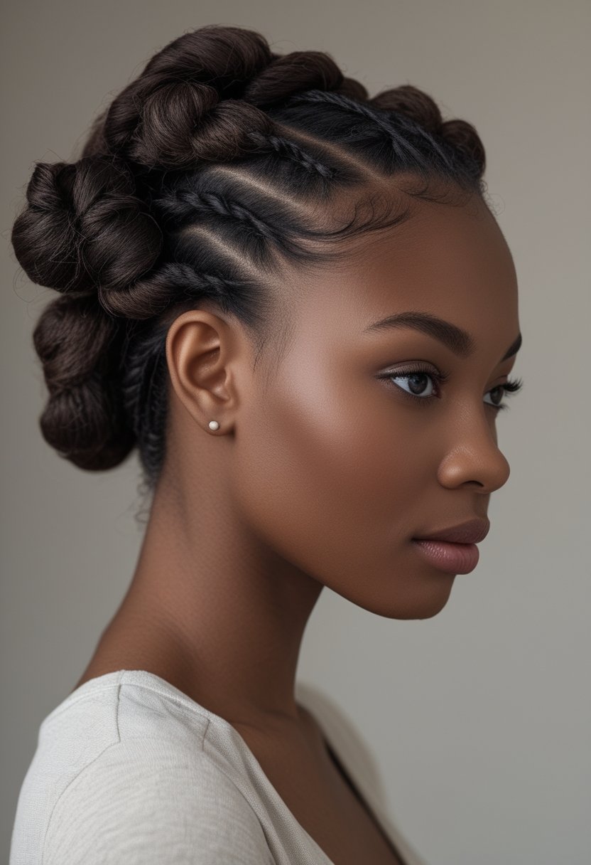 Natural Hair Flat Twist Ideas For Stunning, Effortless Styles A woman with natural hair arranged in flat twists and bantu knots.