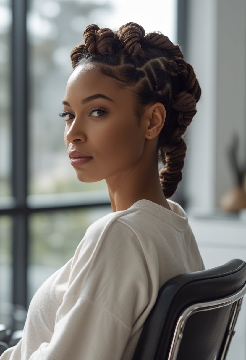 Natural Hair Flat Twist Ideas For Stunning, Effortless Styles A woman with natural hair styled in flat twists secured with perm rods.