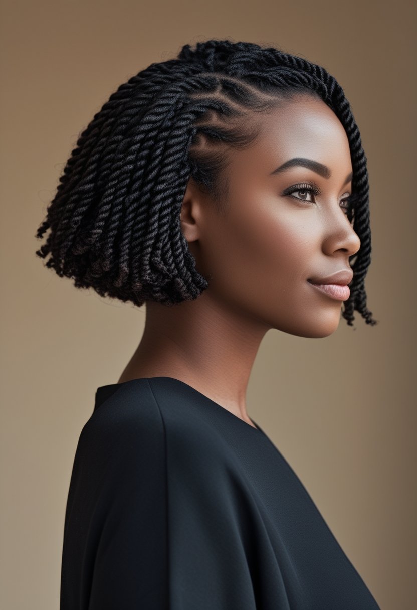 Natural Hair Flat Twist Ideas For Stunning, Effortless Styles A woman with short natural hair styled in a neat flat-twist bob.