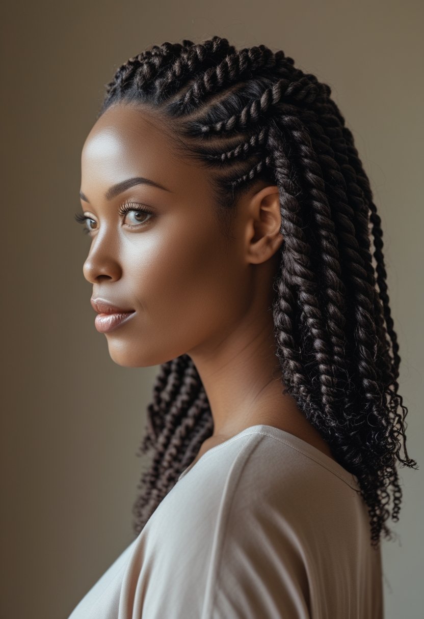Natural Hair Flat Twist Ideas For Stunning, Effortless Styles Woman with thick natural hair arranged in large flat twists.