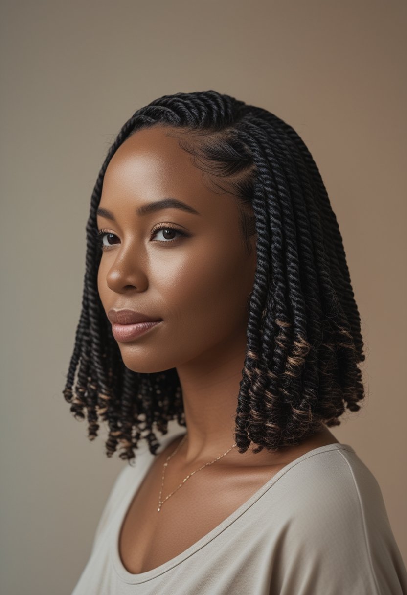 Natural Hair Flat Twist Ideas For Stunning, Effortless Styles A woman with natural hair styled in flat twists and a deep side part.