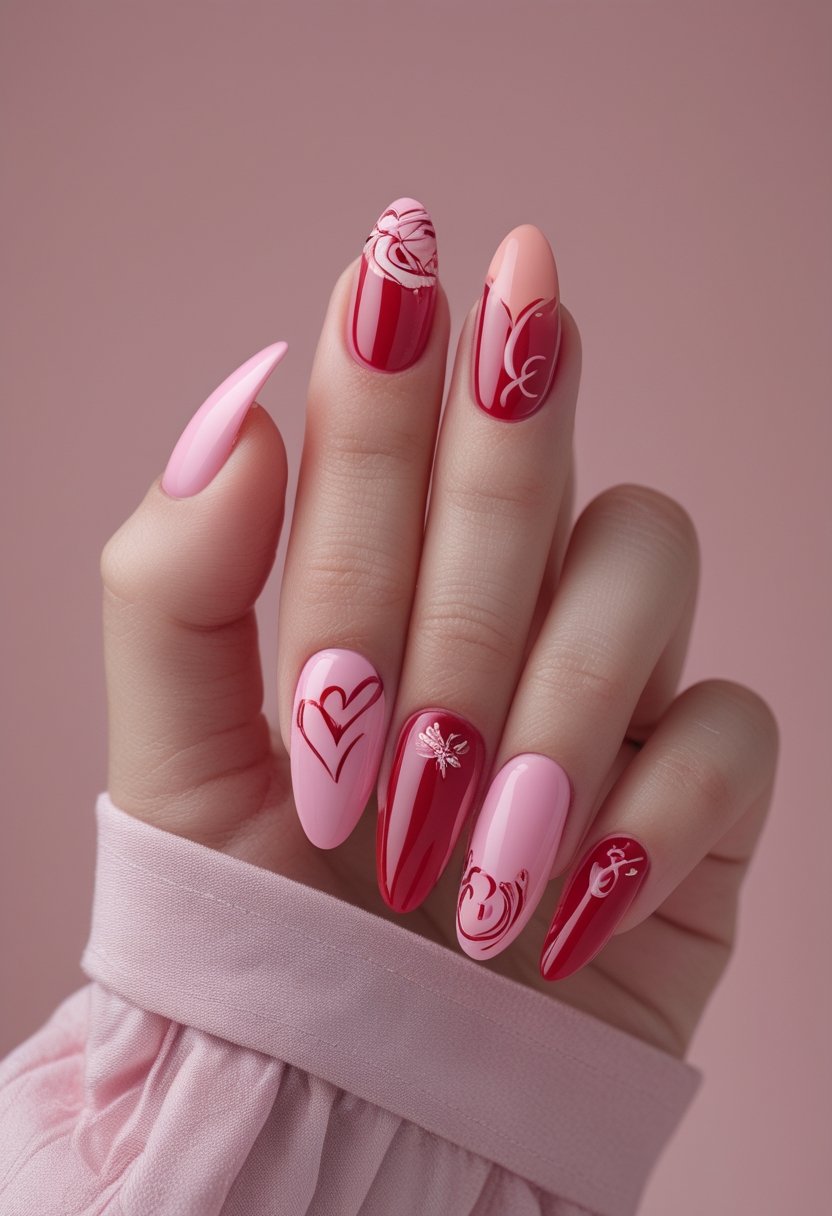 Pink And Red Nail Designs: 15 Stunning Looks To Try Now A manicured hand displaying pink and red decorated nails against a soft pink background.