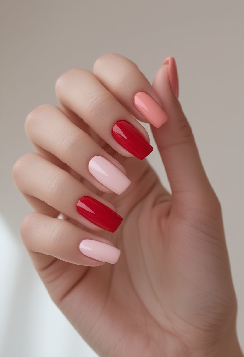Pink And Red Nail Designs: 15 Stunning Looks To Try Now A manicured hand with alternating red and baby pink painted nails.