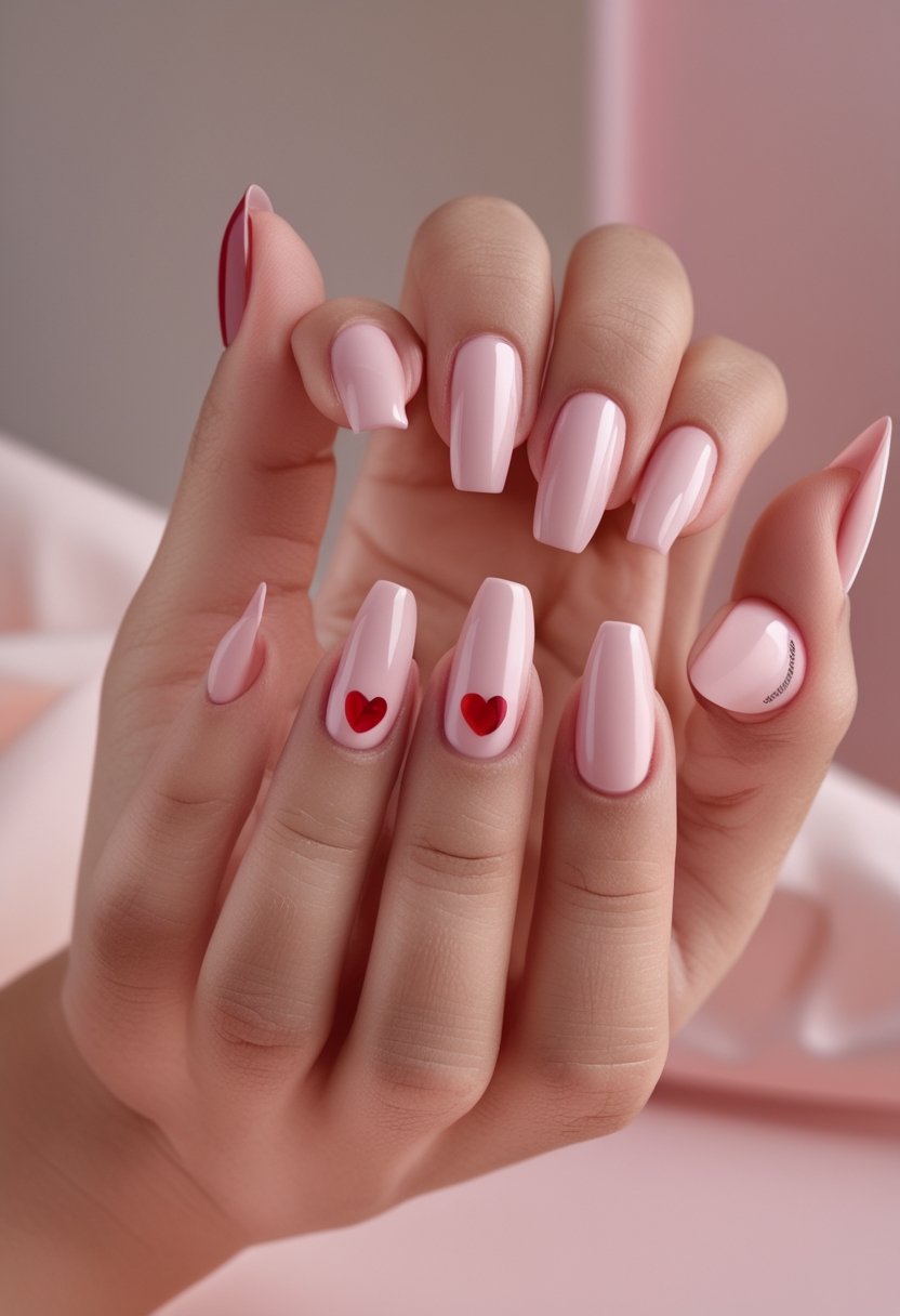 Pink And Red Nail Designs: 15 Stunning Looks To Try Now A hand with pink manicured nails decorated with glossy red hearts.