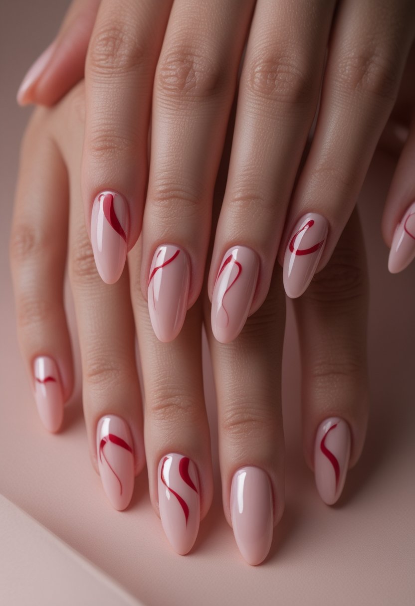 Pink And Red Nail Designs: 15 Stunning Looks To Try Now Close-up of manicured nails with crimson swirls over a sheer pink polish.