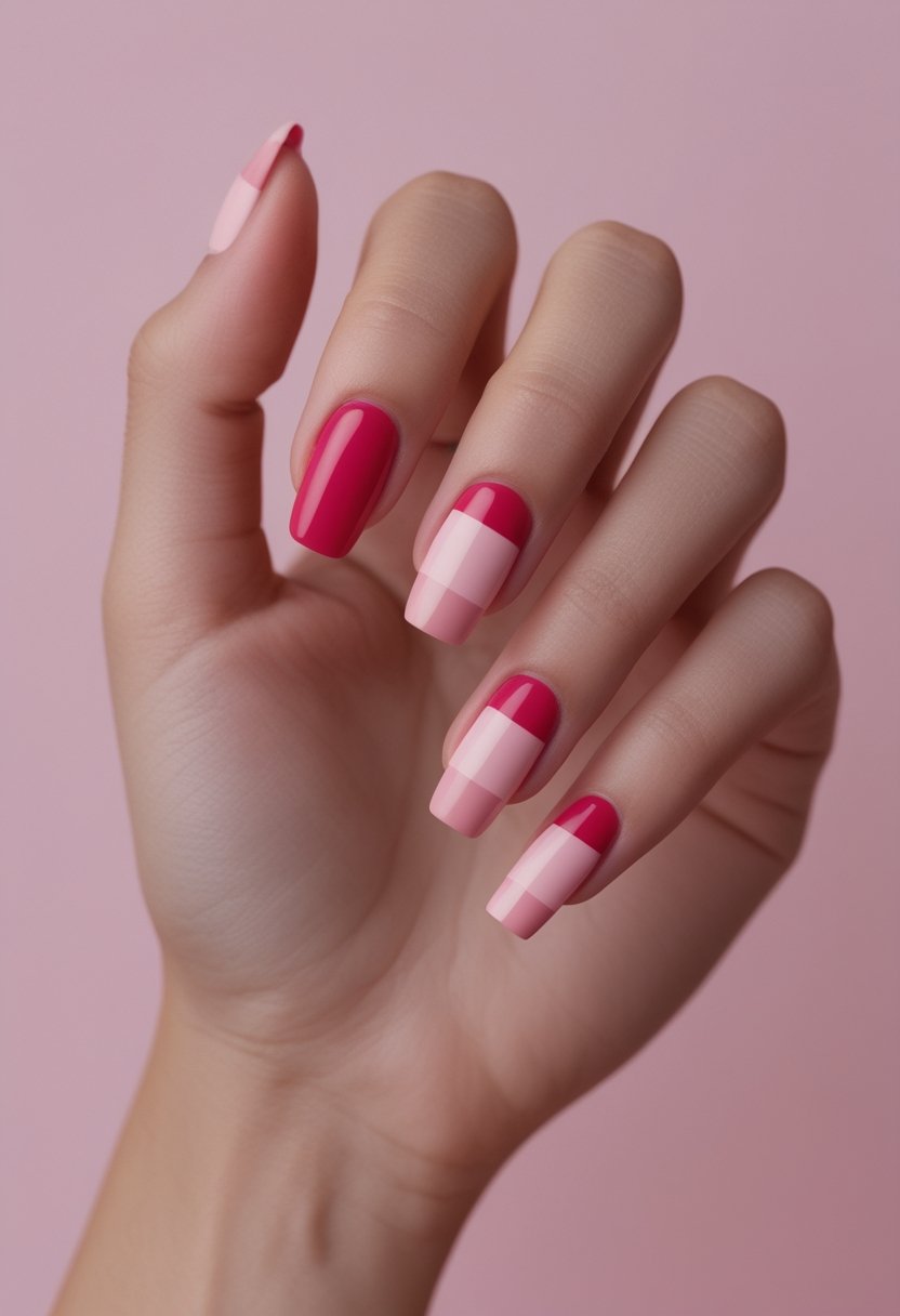 Pink And Red Nail Designs: 15 Stunning Looks To Try Now A hand displaying pink-and-red checkerboard nail art.