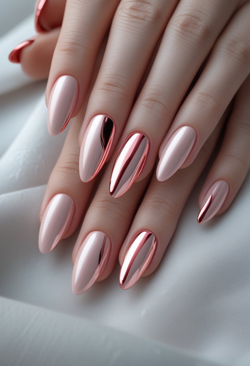 Pink And Red Nail Designs: 15 Stunning Looks To Try Now Close-up of hands with blush pink nails decorated with red chrome accents.
