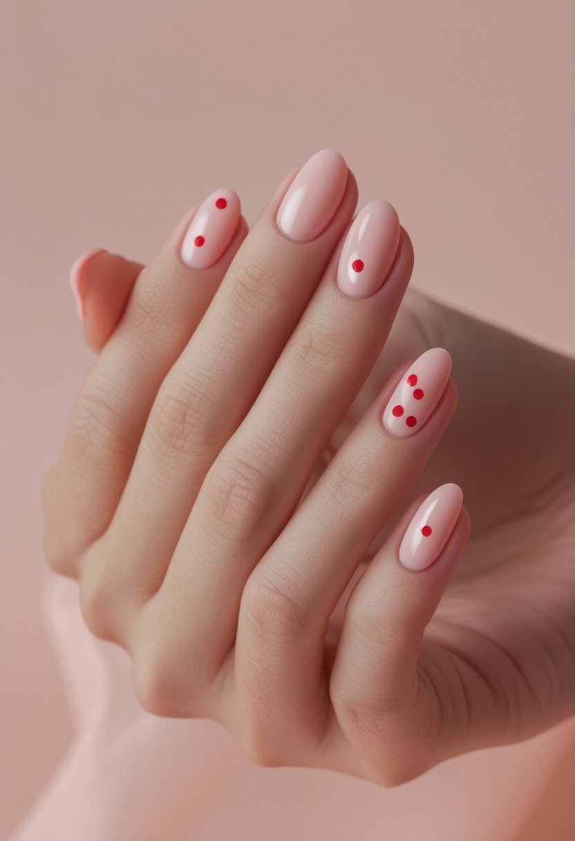 Pink And Red Nail Designs: 15 Stunning Looks To Try Now A manicured hand with pink nails decorated with small red dots.