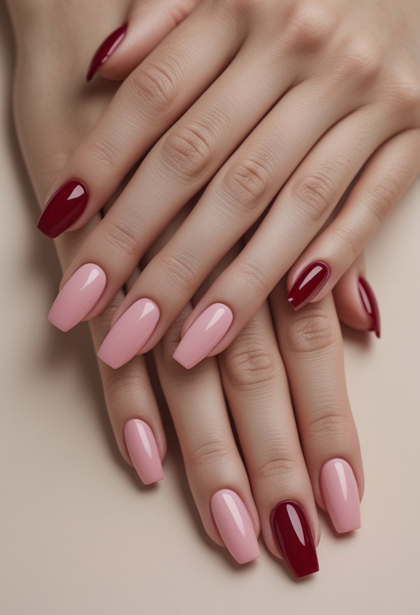 Pink And Red Nail Designs: 15 Stunning Looks To Try Now A close-up of manicured hands with red and pink half-moon nail designs.