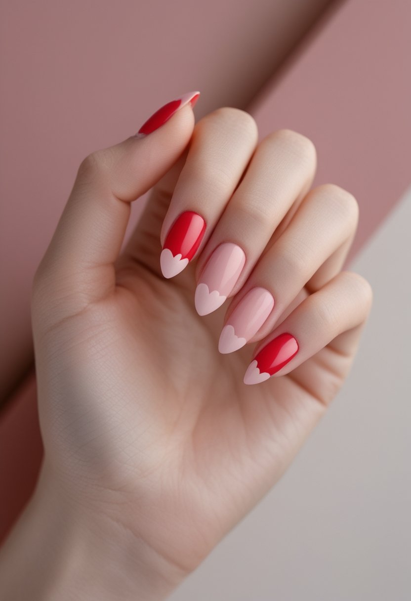 Pink And Red Nail Designs: 15 Stunning Looks To Try Now A hand with red French-tip nails and small pink heart accents.