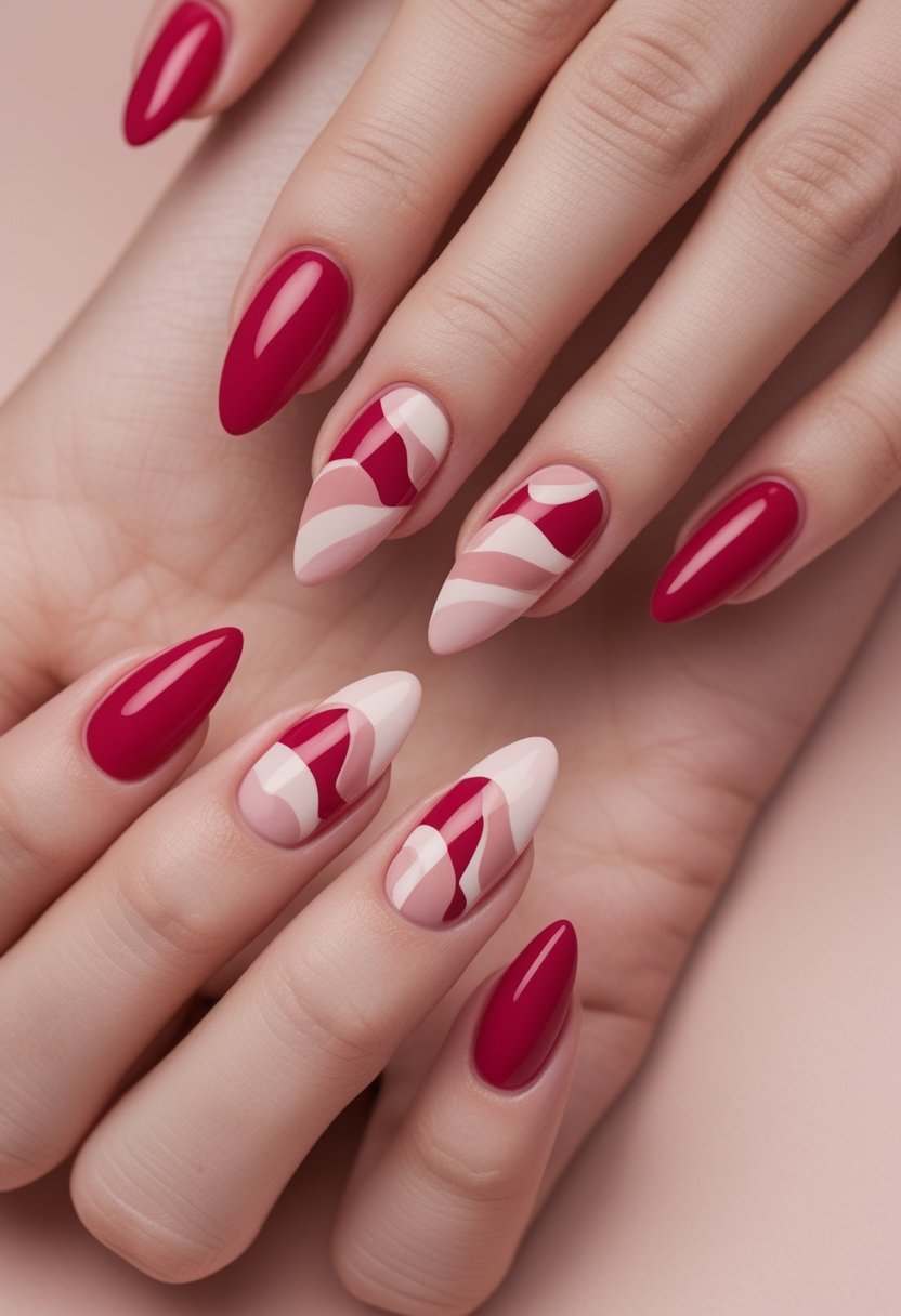 Pink And Red Nail Designs: 15 Stunning Looks To Try Now A hand with pink and red wavy patterned manicure.