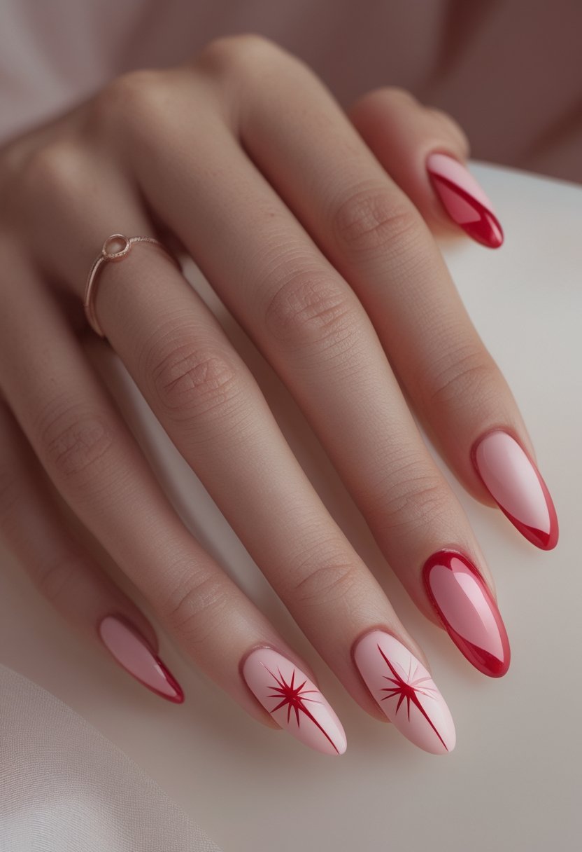 Pink And Red Nail Designs: 15 Stunning Looks To Try Now A hand with baby pink nails decorated with crimson-red starbursts rests on a pale surface.