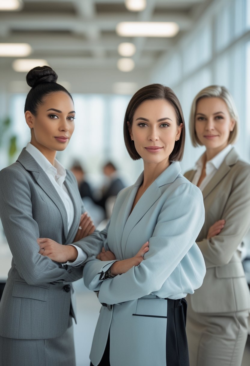 Three business professionals with polished hairstyles stand together in a modern office.