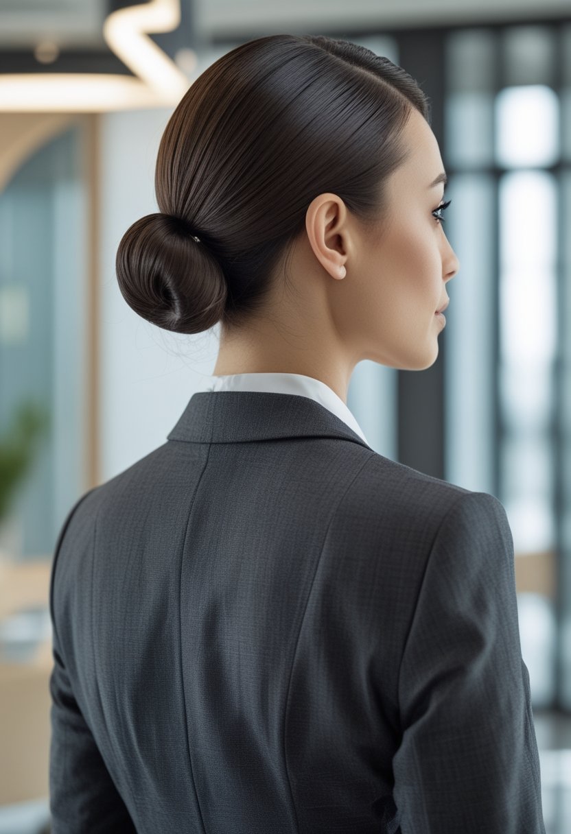 Professional woman wearing her hair in a sleek low bun in a modern office.