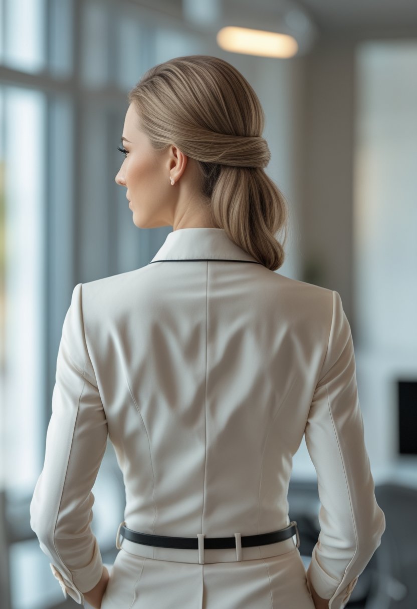 Professional woman in business attire wearing a classic French twist hairstyle in a modern office.