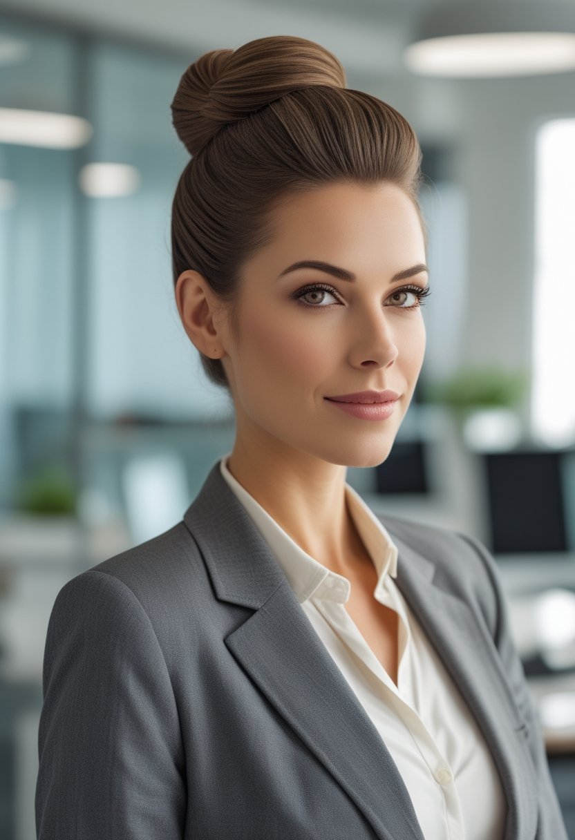 A professional woman with a sleek high bun stands in a modern office.