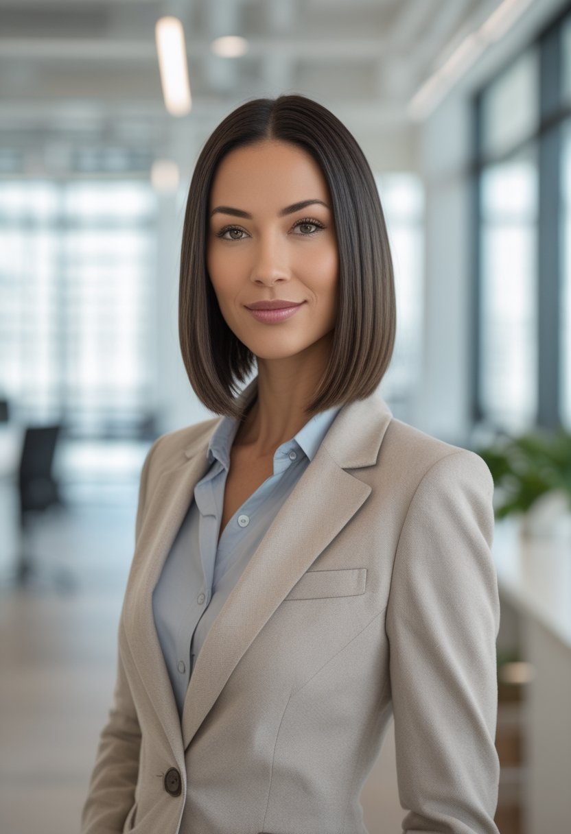 Professional woman with a straight shoulder-length bob haircut standing in a modern office.