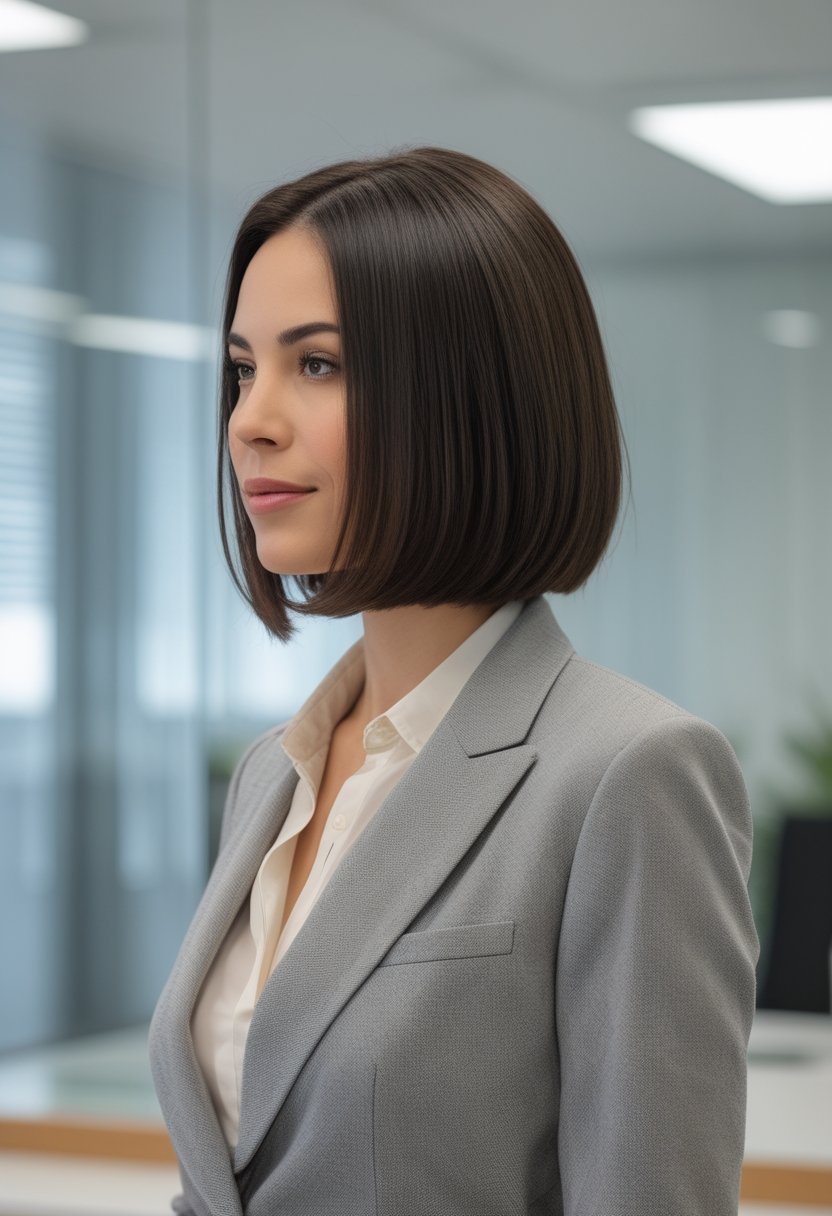 Professional woman with a shoulder-length blunt bob and side part standing in a modern office.