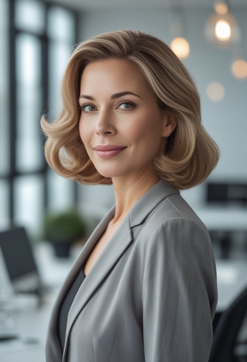 Professional woman with softly waved hair in a modern office.
