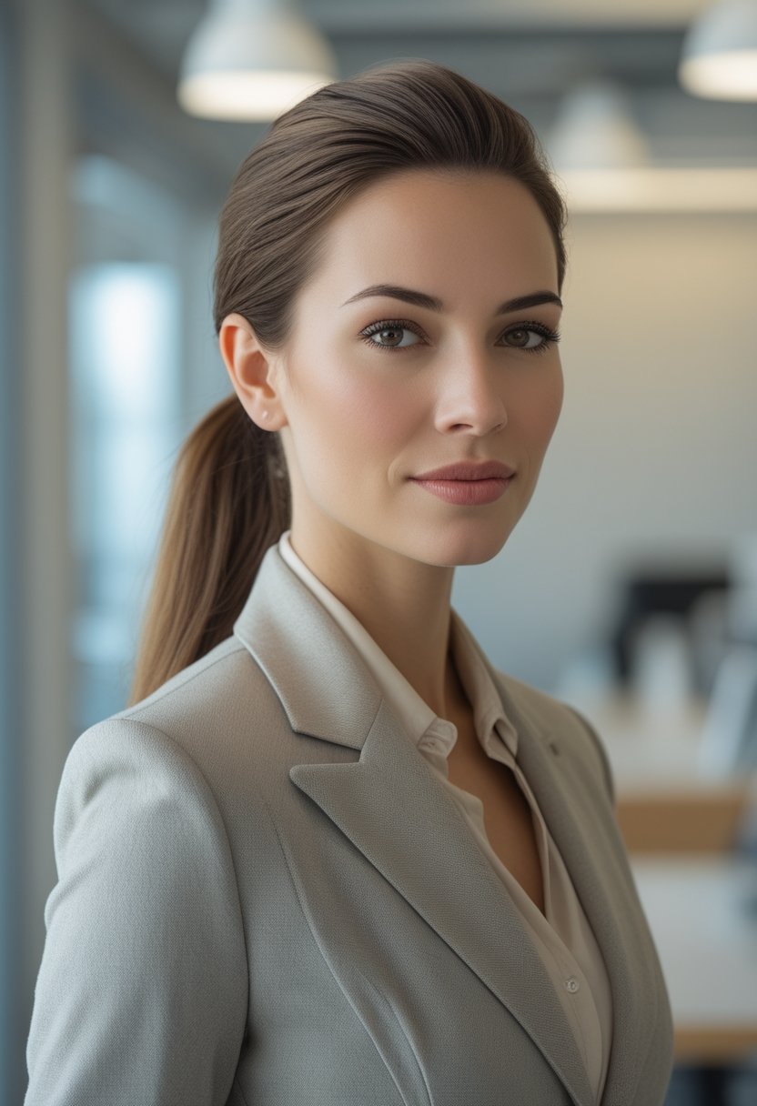 Professional woman wearing a smooth low ponytail with hair wrapped around its base.