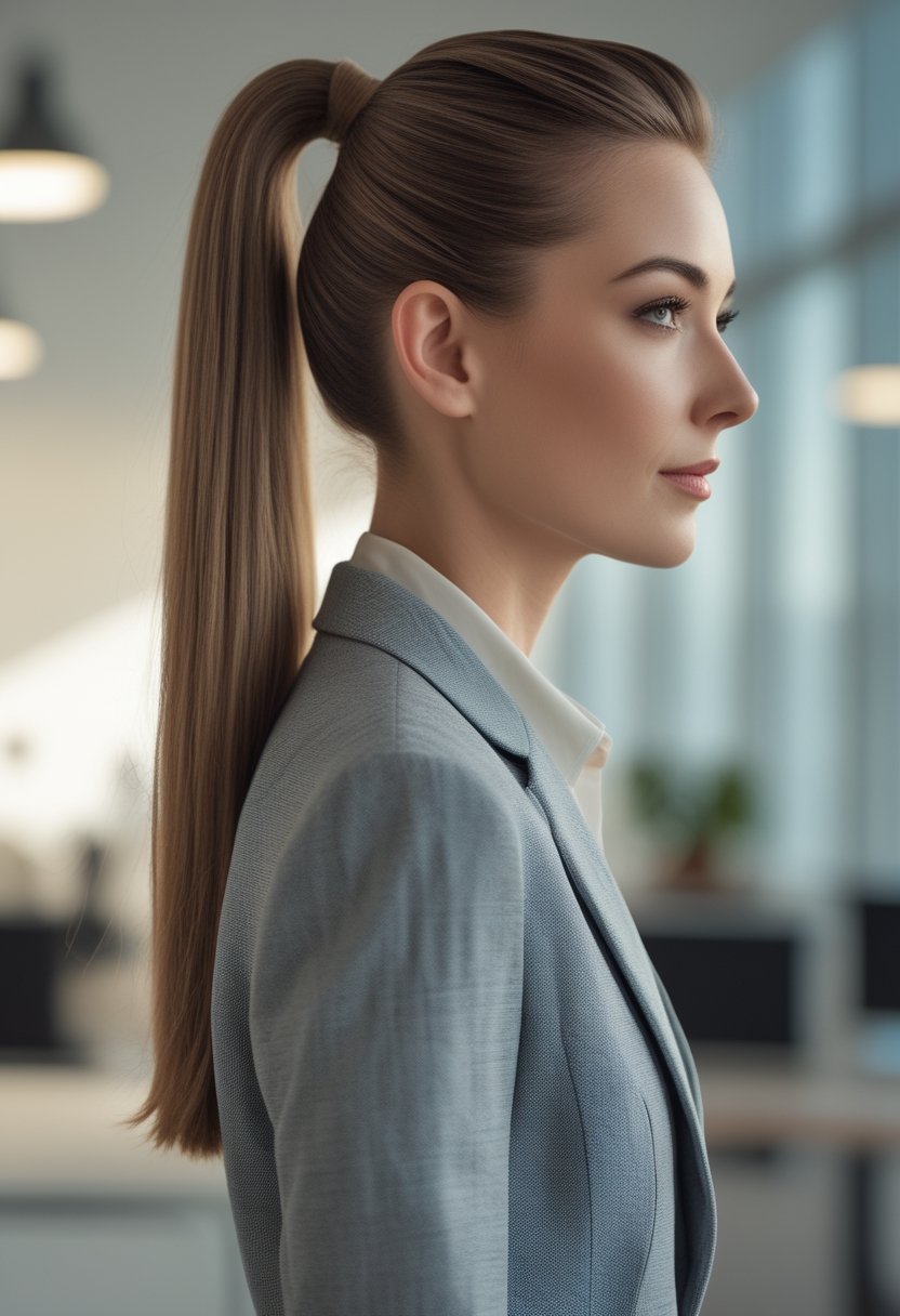 A professional woman with a sleek high ponytail wearing office attire in a modern workplace.