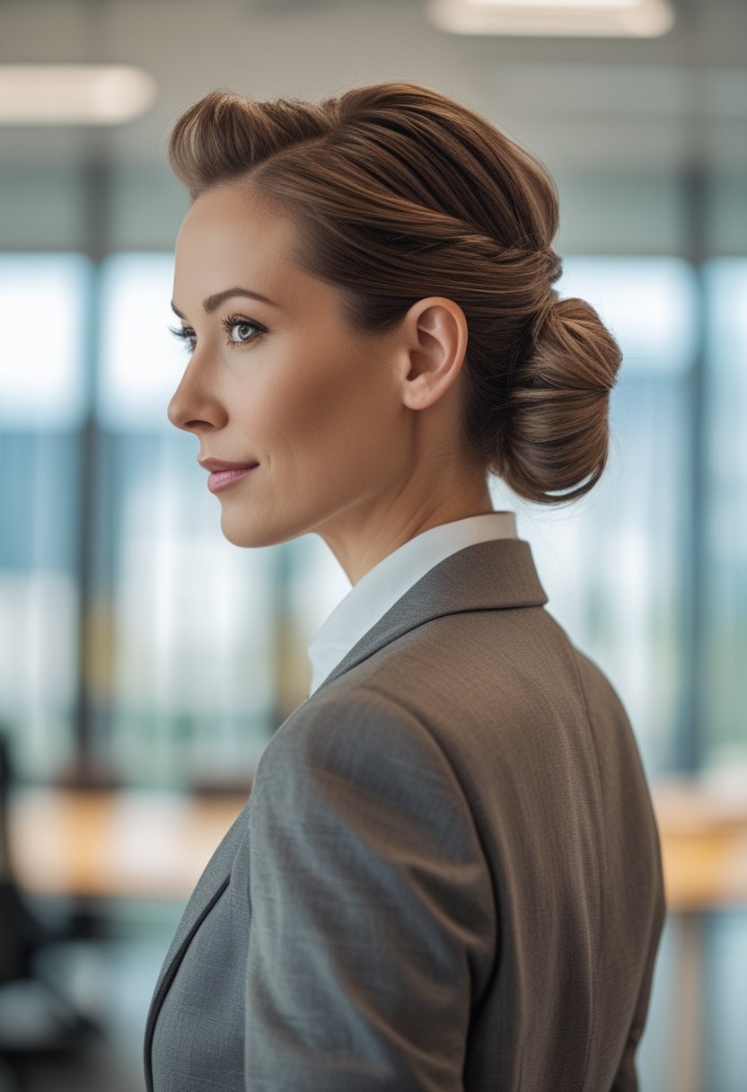 Professional woman wearing a neatly twisted half-up hairstyle in a modern office.