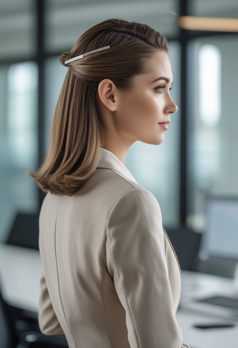 A professional woman with her hair partly tied back stands in a bright office.