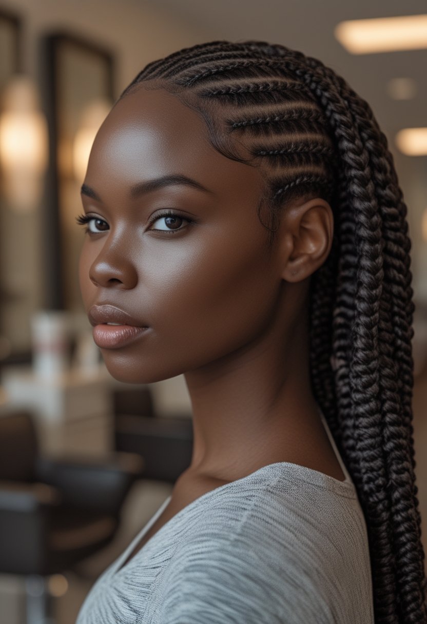 A woman with intricate Ghana braids poses in a modern salon.