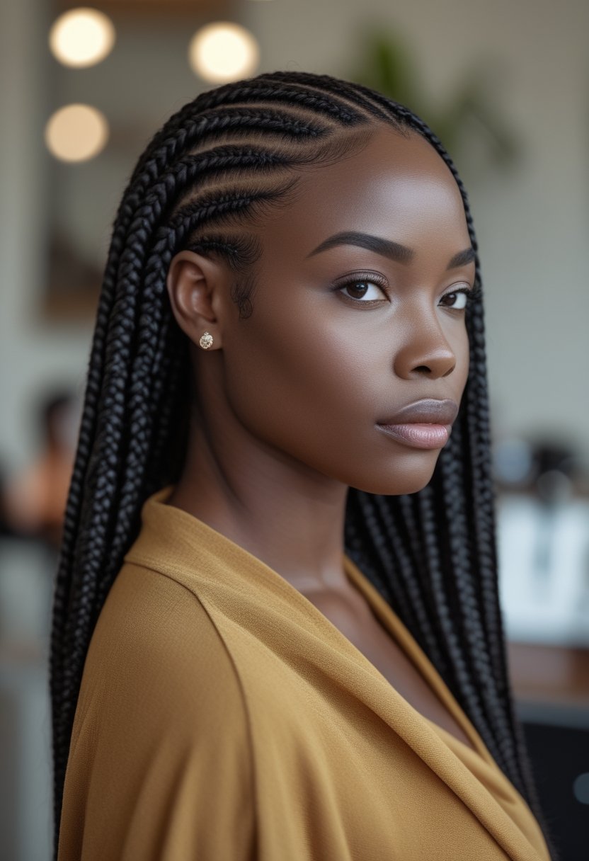 A woman wearing neatly patterned Ghana weaving cornrows in a salon setting.