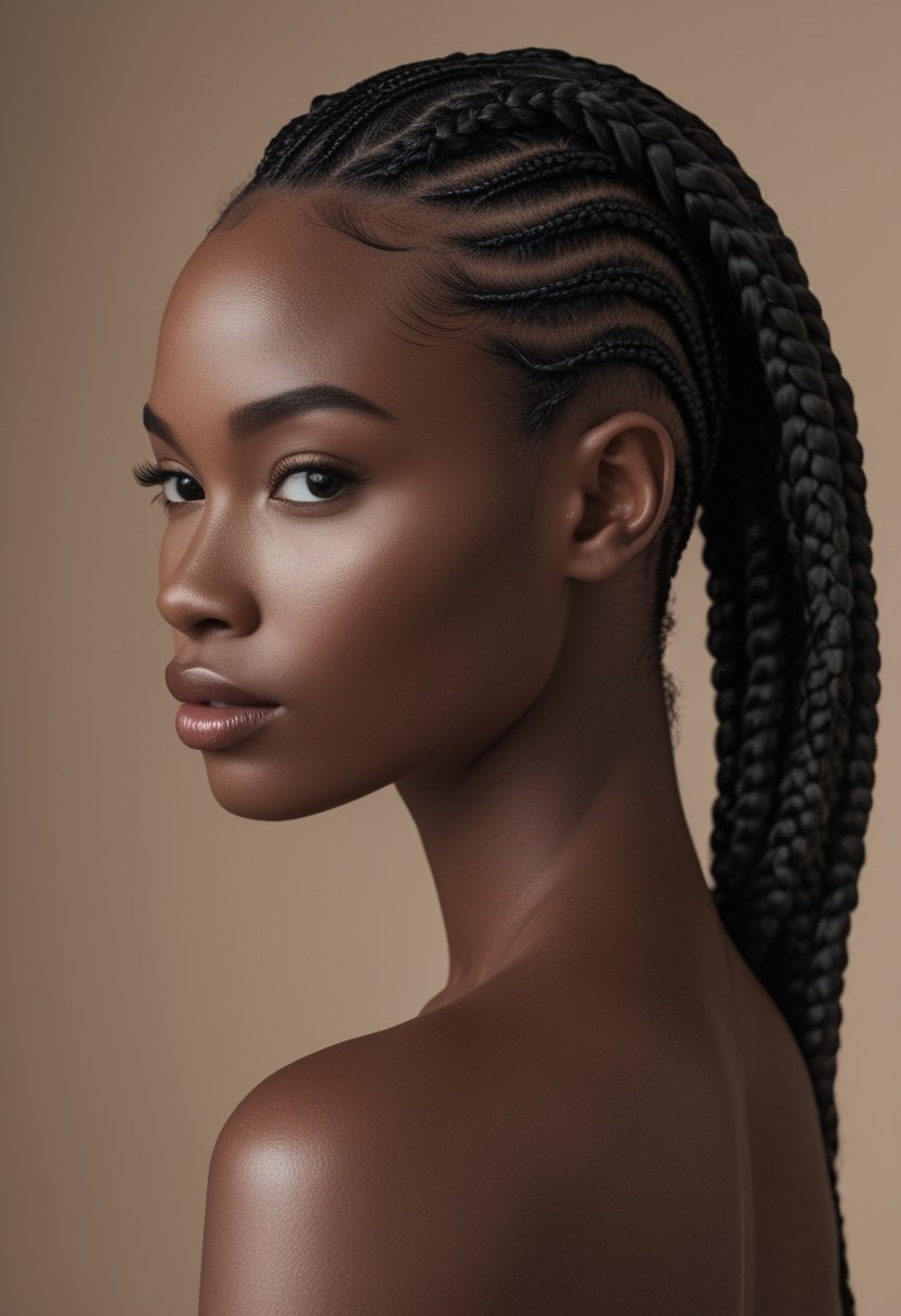 A woman with neatly braided Ghana weaving cornrows gathered into a polished ponytail.