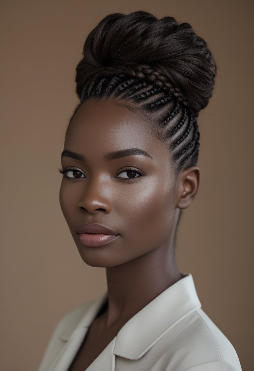 A woman wearing a neatly braided Ghana weaving Shuku hairstyle gathered high on her head.