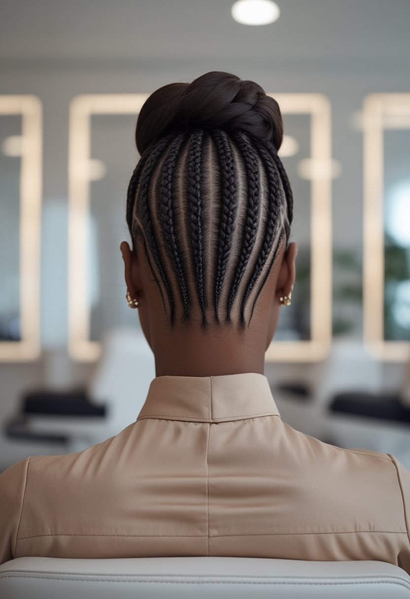 A woman seated in a salon with neatly braided hair flowing backward from her hairline.