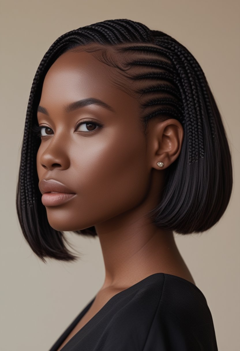A woman with a side-parted braided bob hairstyle poses against a neutral background.