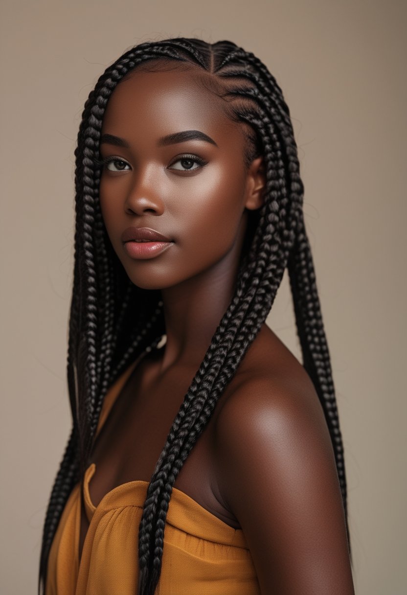 A woman with long side-swept lemonade braids poses against a warm neutral background.