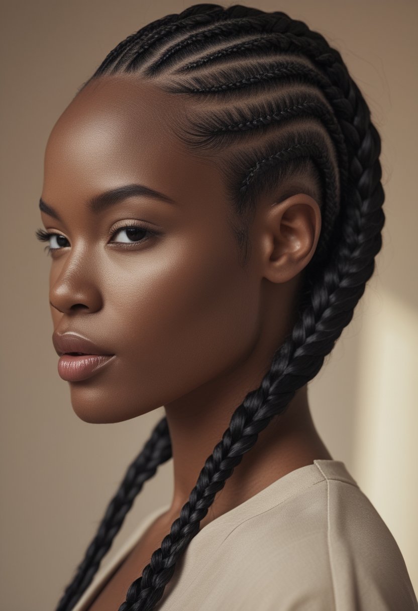 A woman wearing a neatly styled zigzag Ghana weaving hairstyle.