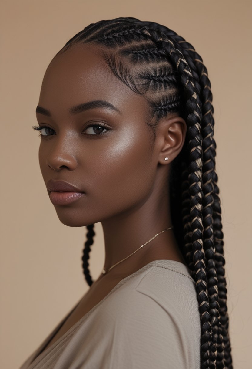A woman wearing neat Ghana weaving feed-in braids.