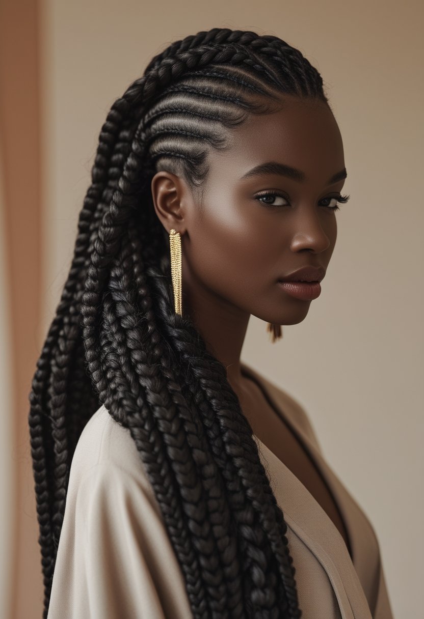 A woman wearing long, neatly arranged Ghanaian weaving braids.